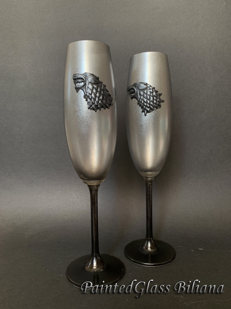 Game of thrones Set of 2 hand handmade hand painted wedding champagne flutes House Stark