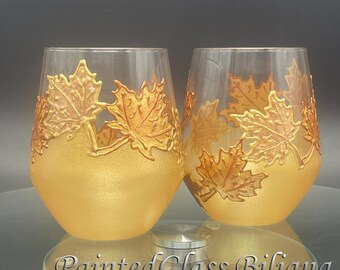 Hand Painted Autumn Maple Leaf Wine Glasses: Gold & Copper Set of 2