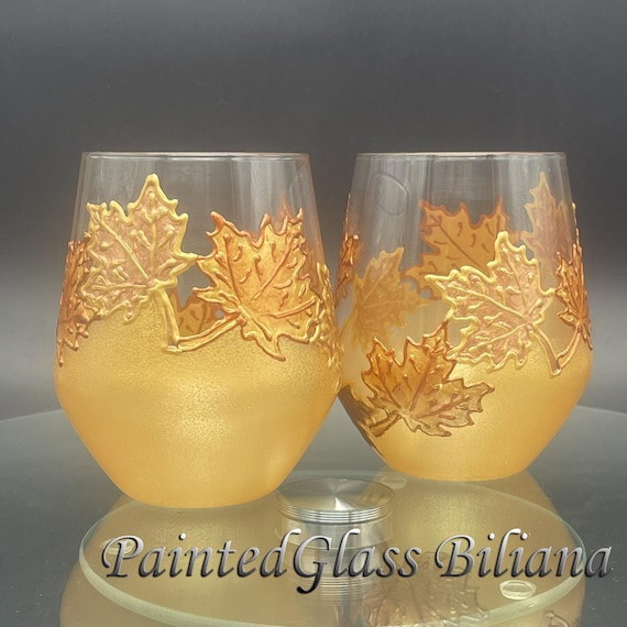 Autumn stemless set of 2 Maple Leaves toasting wine glasses in gold and copper color