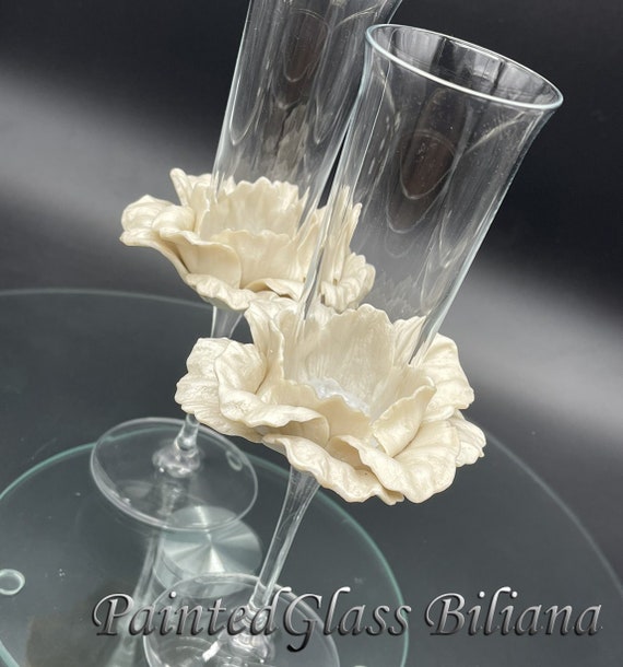 Wedding Glasses Pearly White Peony Champagne Flutes Set of 2