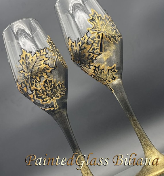 Autumn set of 2 hand painted wedding champagne flutes Maple leaf black and gold toasting glasses Autumn Cake serving set