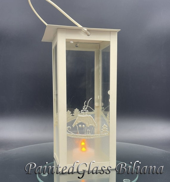 Christmas hand painted Lantern candle holder Snowy Winter