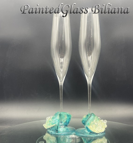 Sea waves beach theme tall elegant wedding flutes