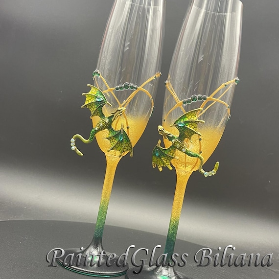Green dragon wedding champagne flutes hand painted wedding champagne flutes, Set of 2