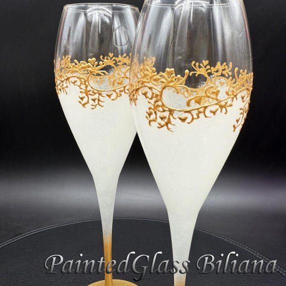Set of 2 hand painted wedding flutes champagne glasses Classic white and gold