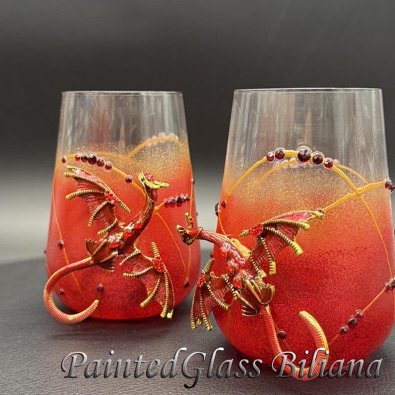 Red gold dragon hand painted stemless wine glasses, Set of 2