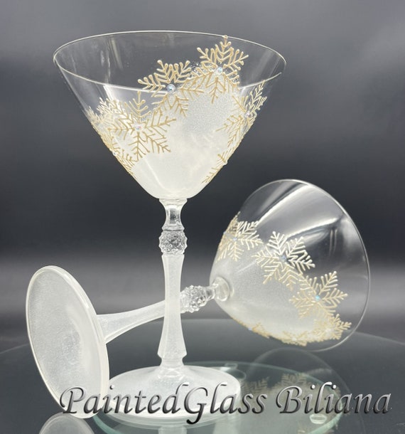 CRYSTAL SET of 2 Winter Christmas hand painted martini glasses White snowflakes