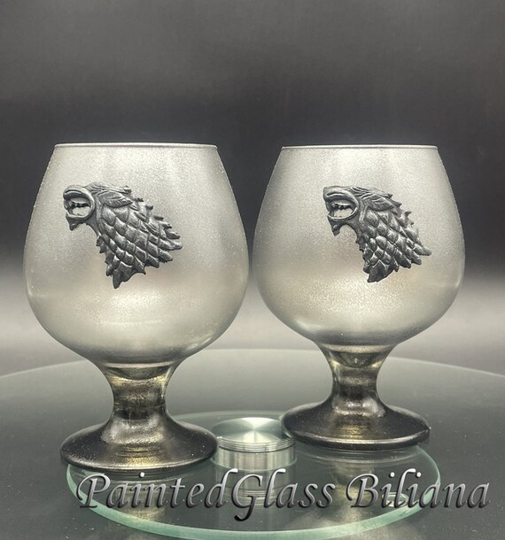 Game of thrones inspired Set handmade hand painted whiskey brandy glasses House Stark