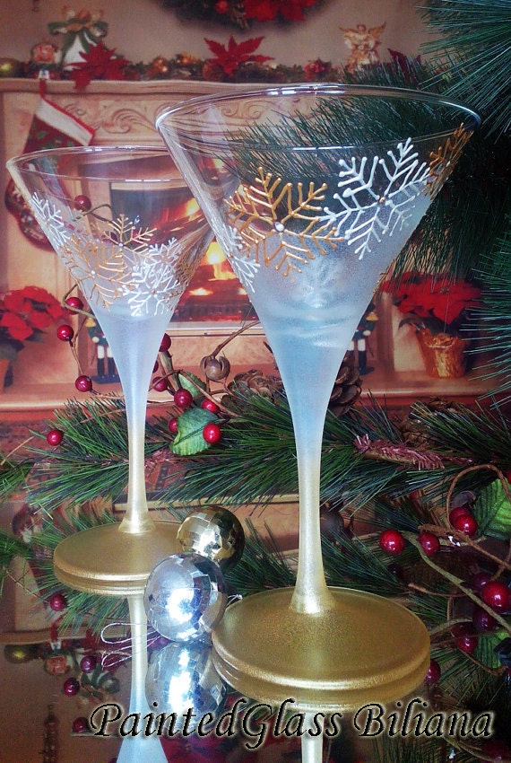 Set of 2 Winter Christmas hand painted martini glasses White Etsy