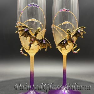 Calici da champagne per matrimonio con drago in oro viola, dipinti a mano, set da 2