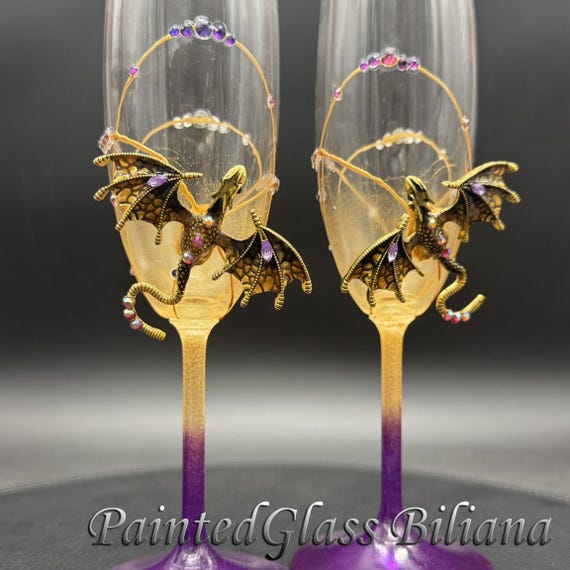 Purple gold dragon wedding champagne flutes hand painted wedding champagne flutes, Set of 2