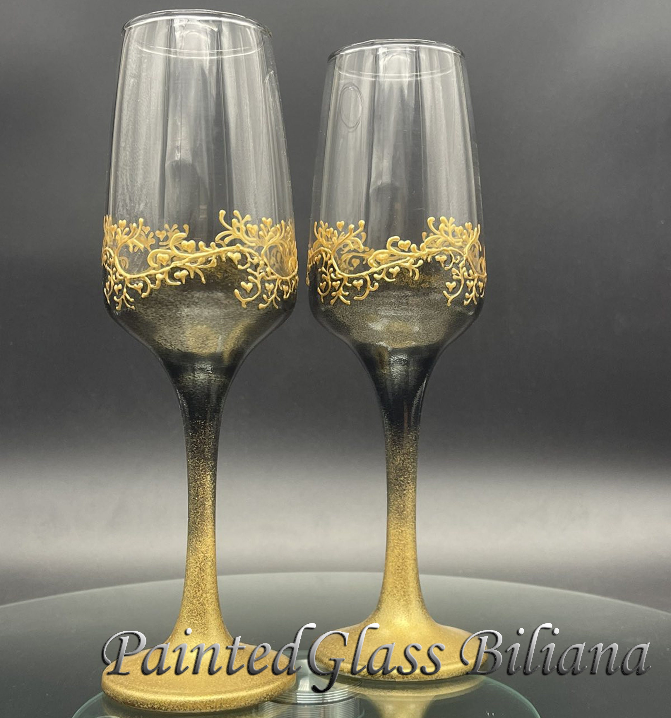 Black and Gold Martini Glasses, Drinking Glass for Wedding, or