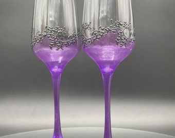 Set of 2 hand painted champagne flutes Purple fantacy Gatsby style wedding flutes