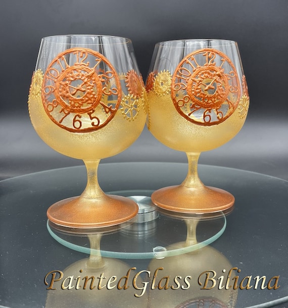 Steampunk gears brandy glasses in gold and copper color, set of 2