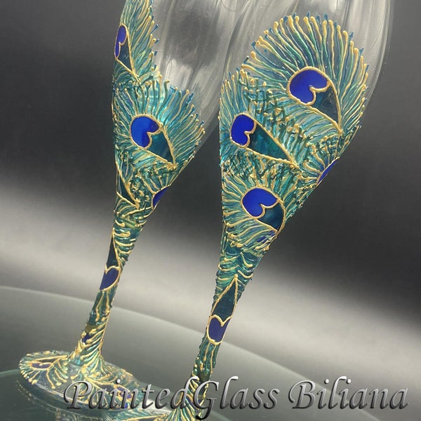 SET of 2 hand painted wedding champagne flutes Lace peacock feather in gold, turquoise and blue color