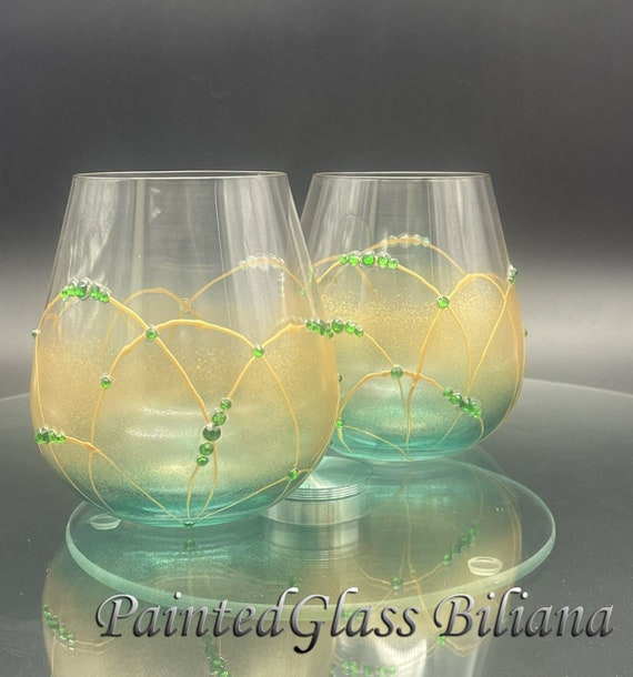 Gold green hand painted whiskey glasses, set of 2