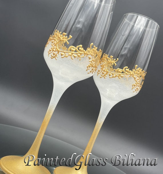 Set of 2 hand painted wedding flutes champagne glasses Classic white and gold Cake serving set