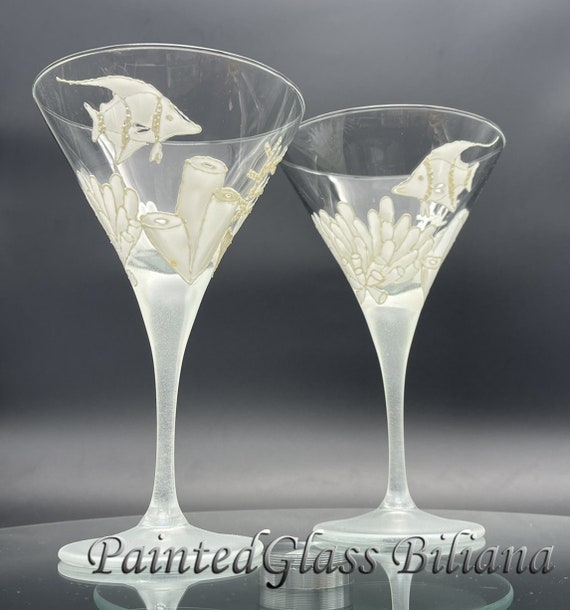 Set of 2 hand painted martini Beach sea glasses Coral reef