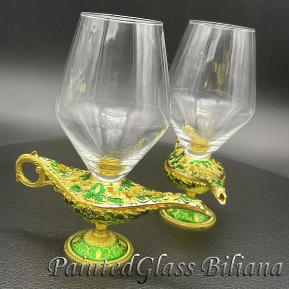Aladdin magic lamp wedding champagne flutes, gold & green color, fairytale wedding glasses