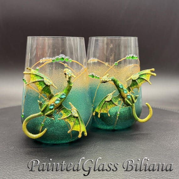 Green dragon stemless wine glasses, Set of 2