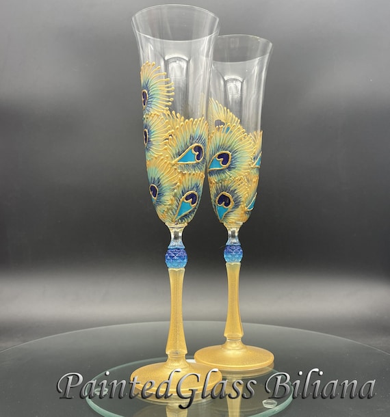 Set of 2 hand painted wedding champagne flutes Peacock lace theme wedding glasses