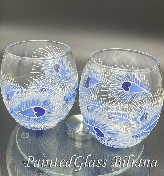 Set of 2 hand painted whiskey glasses Peacock feather in white and blue color