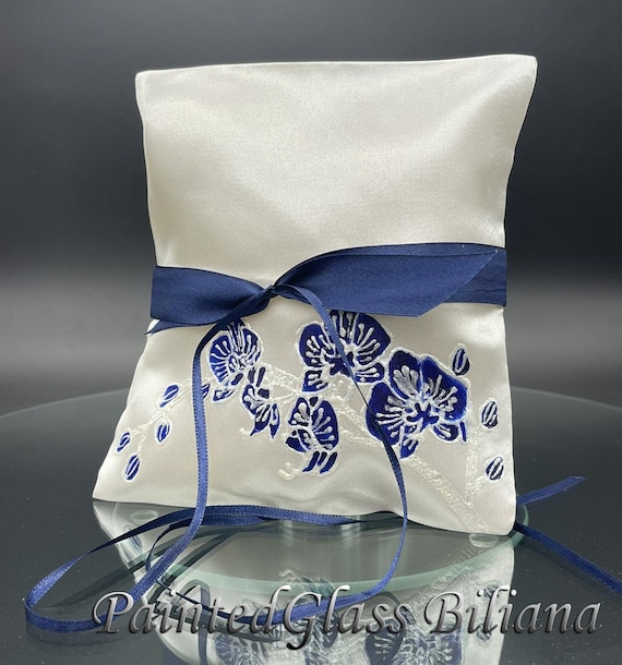 Blue orchid ring pillow, hand painted