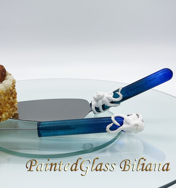 Octopus wedding cake server and knife, beach sea cake serving set, 2 pcs, glass handles