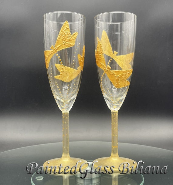 Set of 2 hand painted wedding champagne flutes gold dragonflies