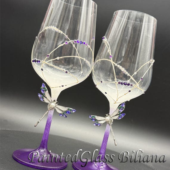 Set of 2 Hand Painted stemless wine glasses Purple dragonflies