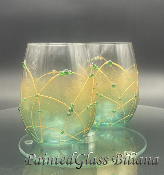 Gold green hand painted stemless wine glasses, set of 2