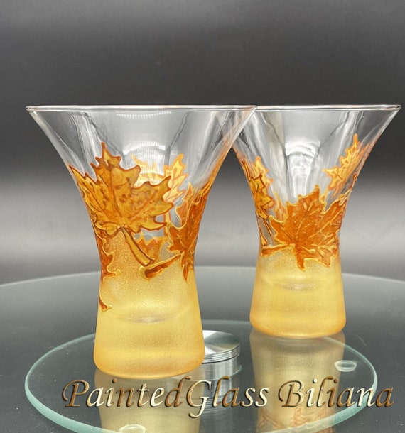 Autumn set of 2 stemless hand painted wedding champagne flutes Maple leaves
