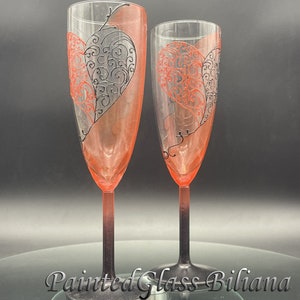 Red and black Wedding Glasses Champagne Flutes Set of 2 Lace Heart design image 3