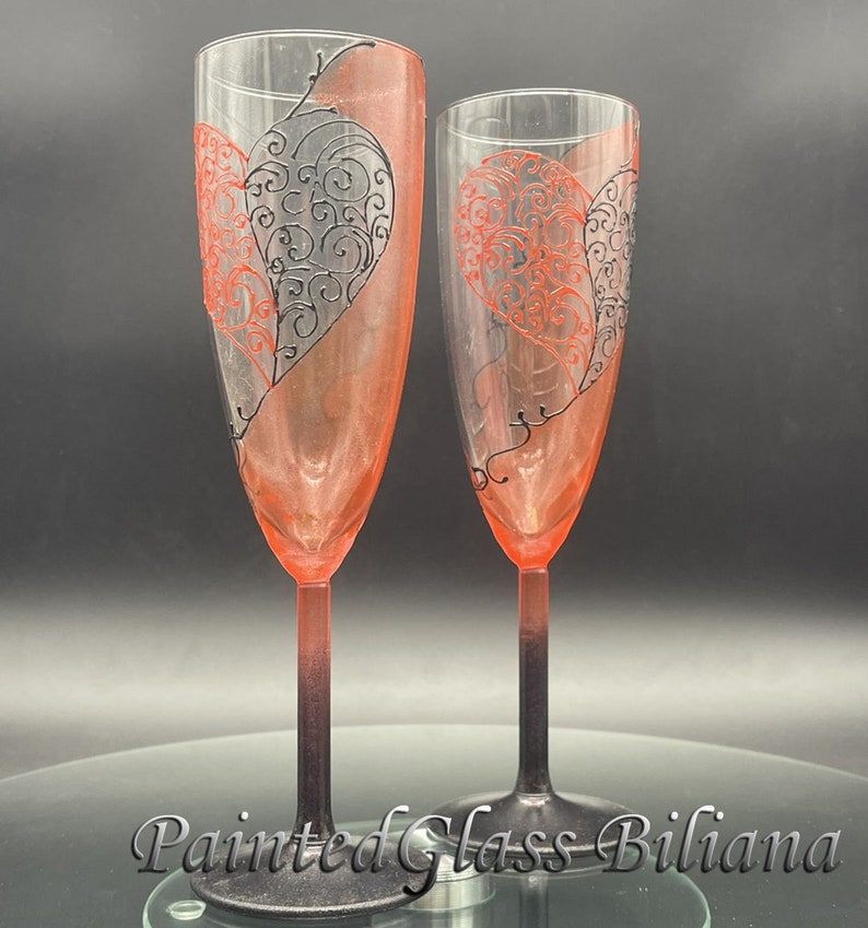 Red and black Wedding Glasses Champagne Flutes Set of 2 Lace Heart design image 3