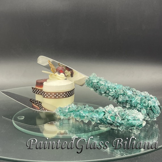 Green geode wedding cake serving set