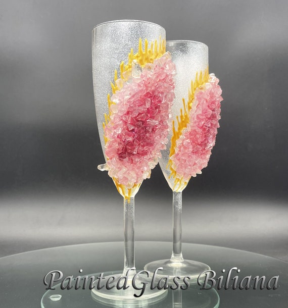 Pink geode wedding flutes