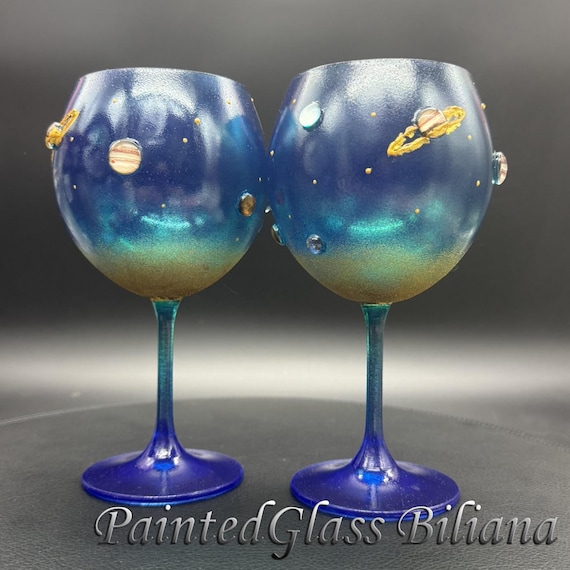 Hand Painted Solar system planets Wine Glasses