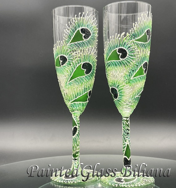 Set of 2 hand painted wedding champagne flutes Lace peacock feather design in white and green color
