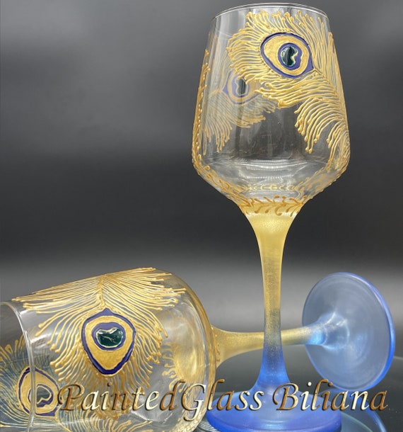 Set of 2 Hand Painted wine glasses Peacock feathers in gold and blue