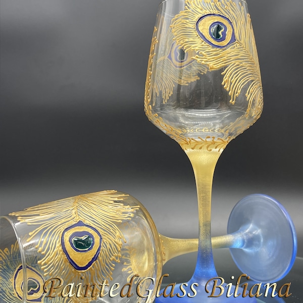 Set of 2 Hand Painted wine glasses Peacock feathers in gold and blue