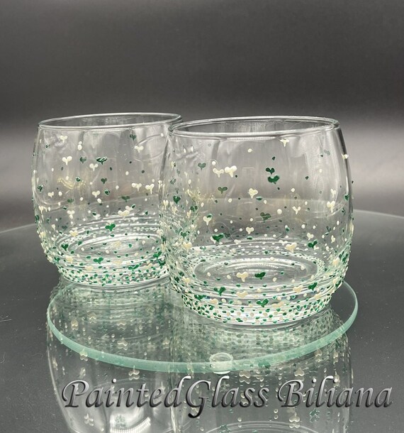 Set of 2 hand painted hearts whiskey glasses Valentine's day in pearly white and emerald green color