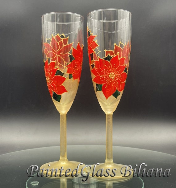 Christmas set of 2 wedding champagne flutes Red Poinsettia flower Winter glasses