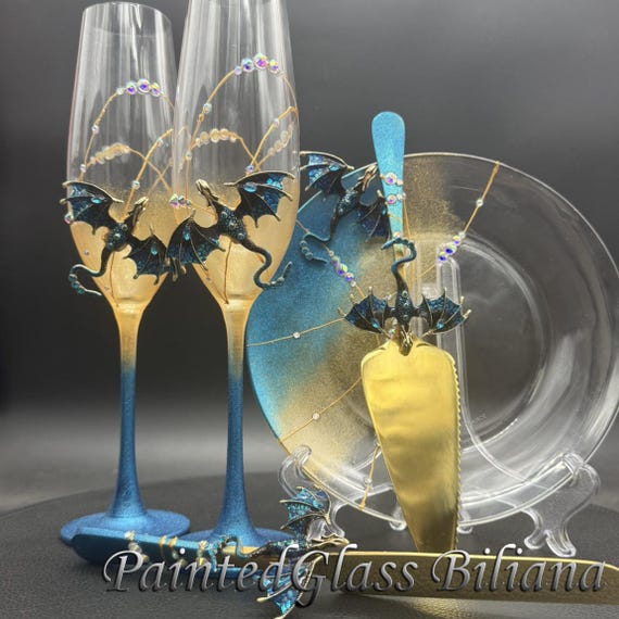 Hand Painted Dragon Wedding Champagne Flutes: Blue & Gold Set
