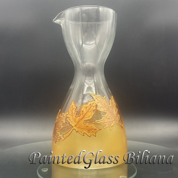 Hand painted wine bottle decanter Autumn maple leaves in gold and copper color