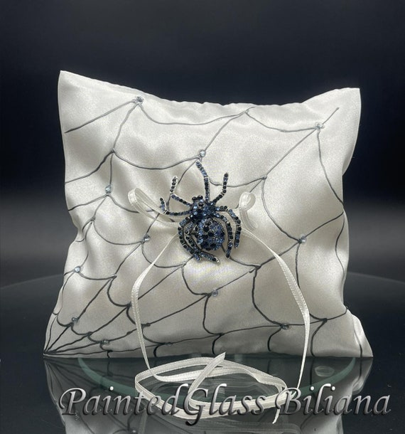 Blue Spider ring pillow, satin handmade hand painted ring pillow halloween theme