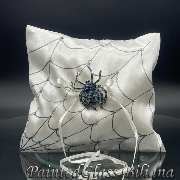 Blue Spider ring pillow, satin handmade hand painted ring pillow halloween theme