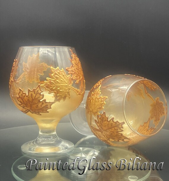 Set of 2 Autumn Maple leaves hand painted brandy glasses in gold and copper color