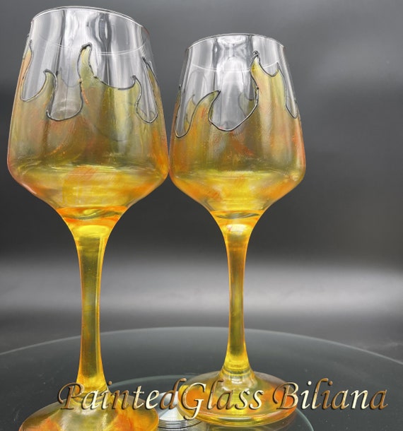 Set of 2 Hand Painted beautiful wine glasses  "On fire"
