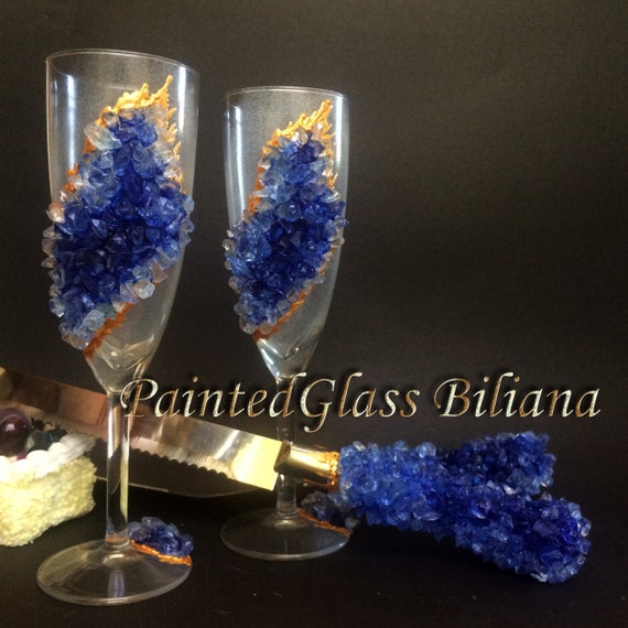 20% off Blue geode wedding flutes & Cake set