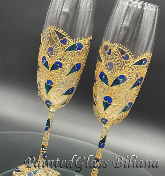 SET of 2 hand painted wedding champagne flutes Lace peacock feather heart in gold, turquoise and blue color